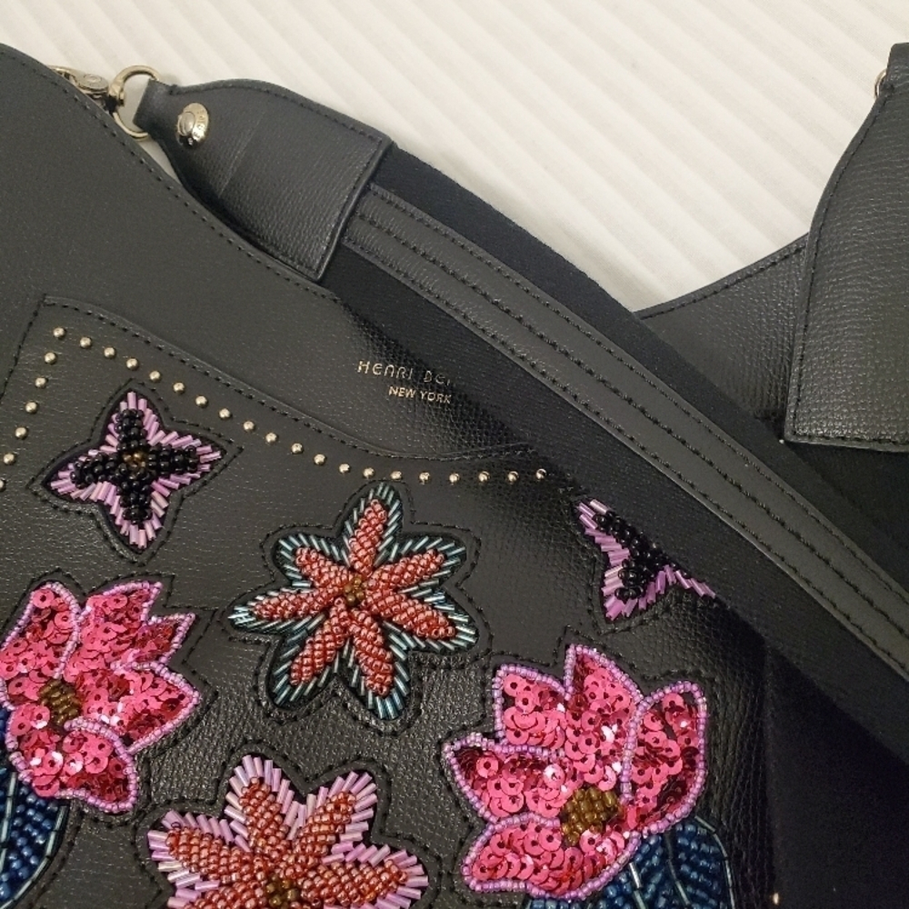 Henri Bendel W57th Black Hobo Large Floral Applique Crossbody - Picture 13 of 15